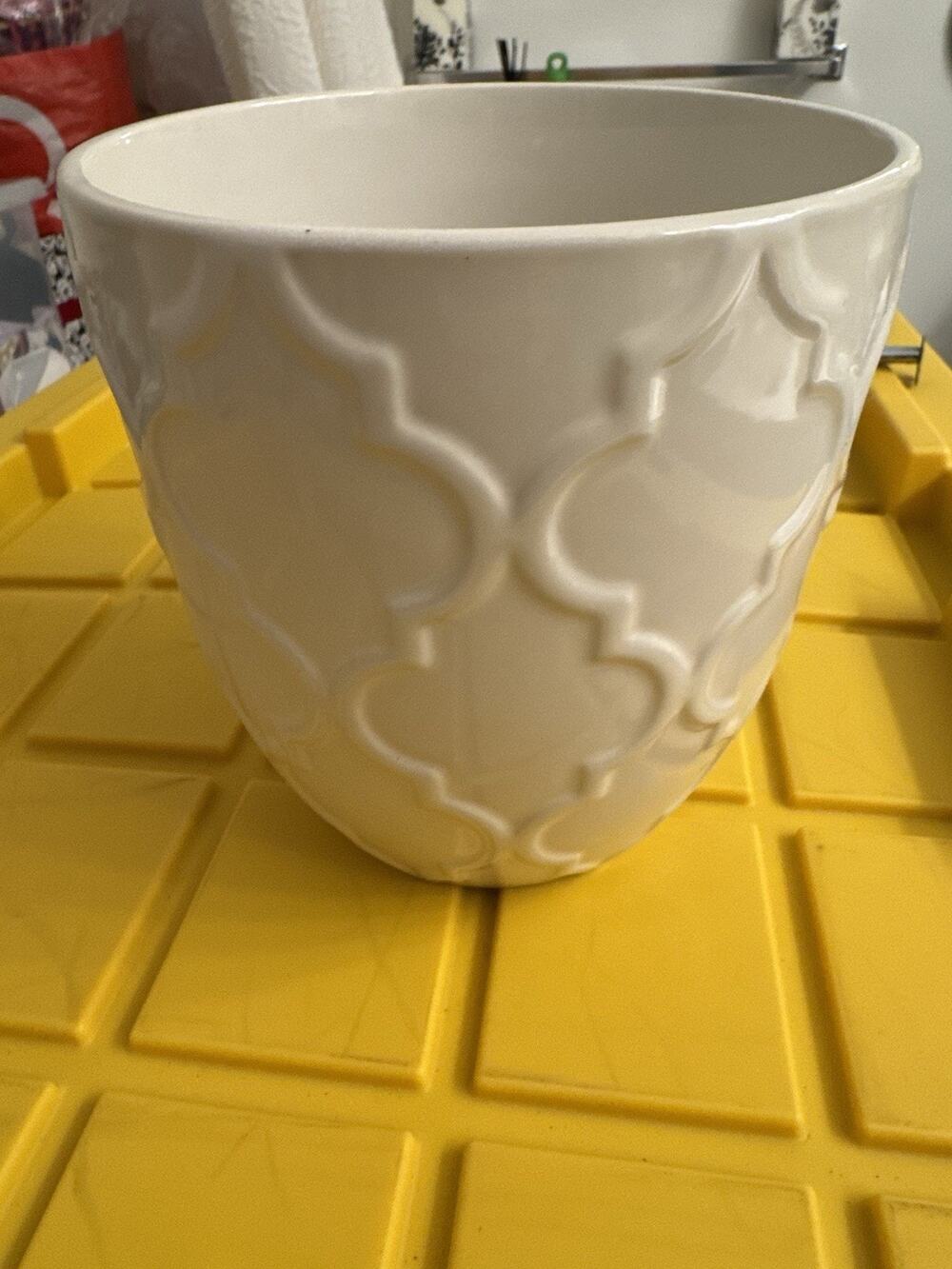 White Ceramic Raised Print Vase Planter embossed trellis pattern